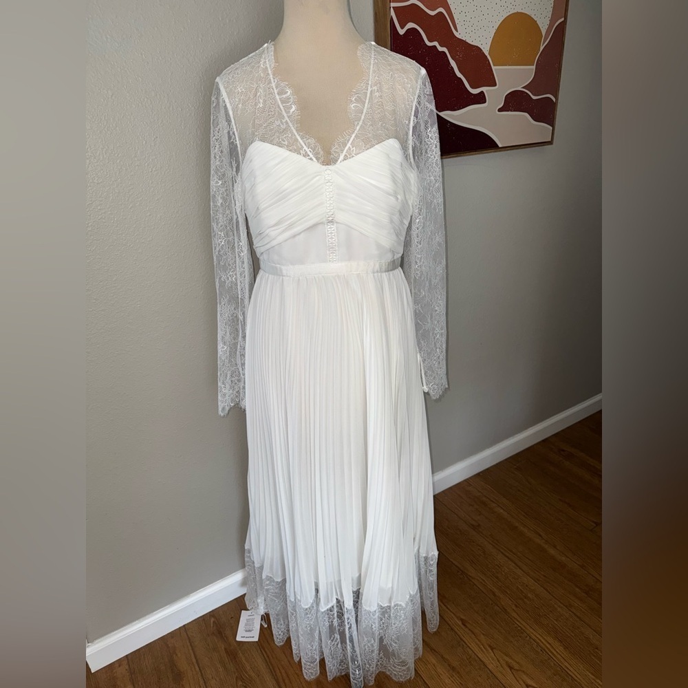 Self Portrait Chiffon Lace Sleeved ivory MIDI dress women’s size 8 - Picture 5 of 13